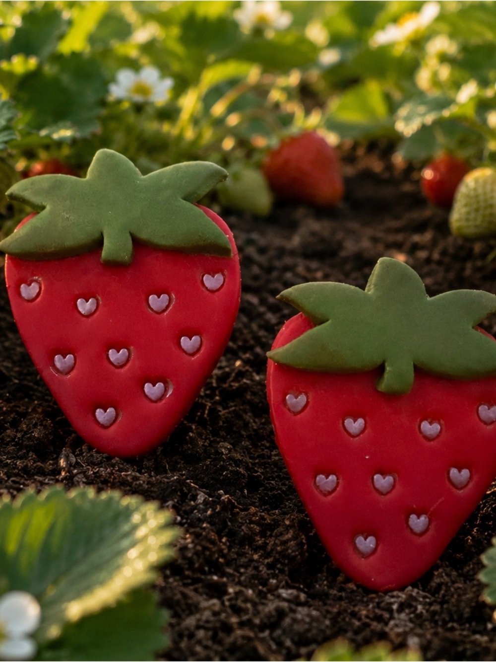 Strawberry Shaped Red Handmade Polymer Clay Earrings with Green Tops